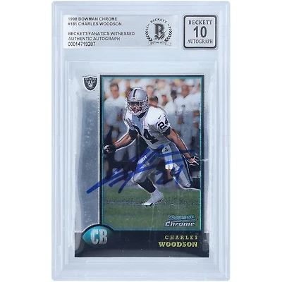 Carte de recrue 10.10 de Charles Woodson, Oakland Raiders, signée par Bowman Chrome (n° 181), certifiée par Fanatics Witnessed (1998).