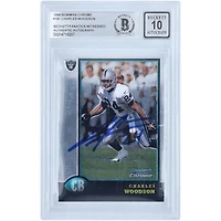 Carte de recrue 10.10 de Charles Woodson, Oakland Raiders, signée par Bowman Chrome (n° 181), certifiée par Fanatics Witnessed (1998).