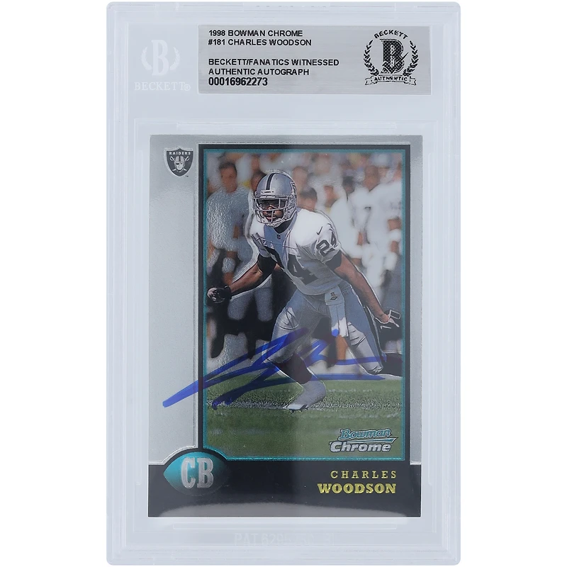 Charles Woodson Oakland Raiders Autographed 1998 Bowman Chrome #181 Beckett Fanatics Witnessed Authenticated Rookie Card