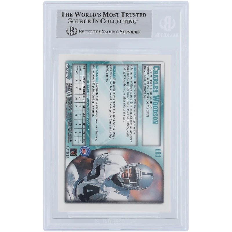 Charles Woodson Oakland Raiders Autographed 1998 Bowman Chrome #181 Beckett Fanatics Witnessed Authenticated Rookie Card