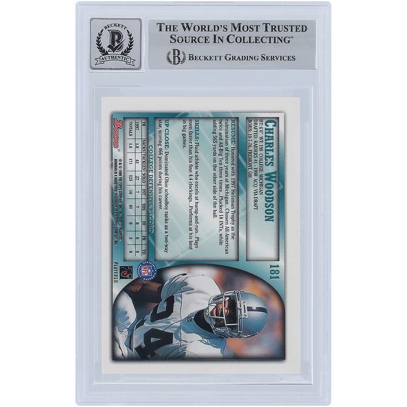 Charles Woodson Oakland Raiders Autographed 1998 Bowman #181 Beckett Fanatics Witnessed Authenticated 10 Rookie Card
