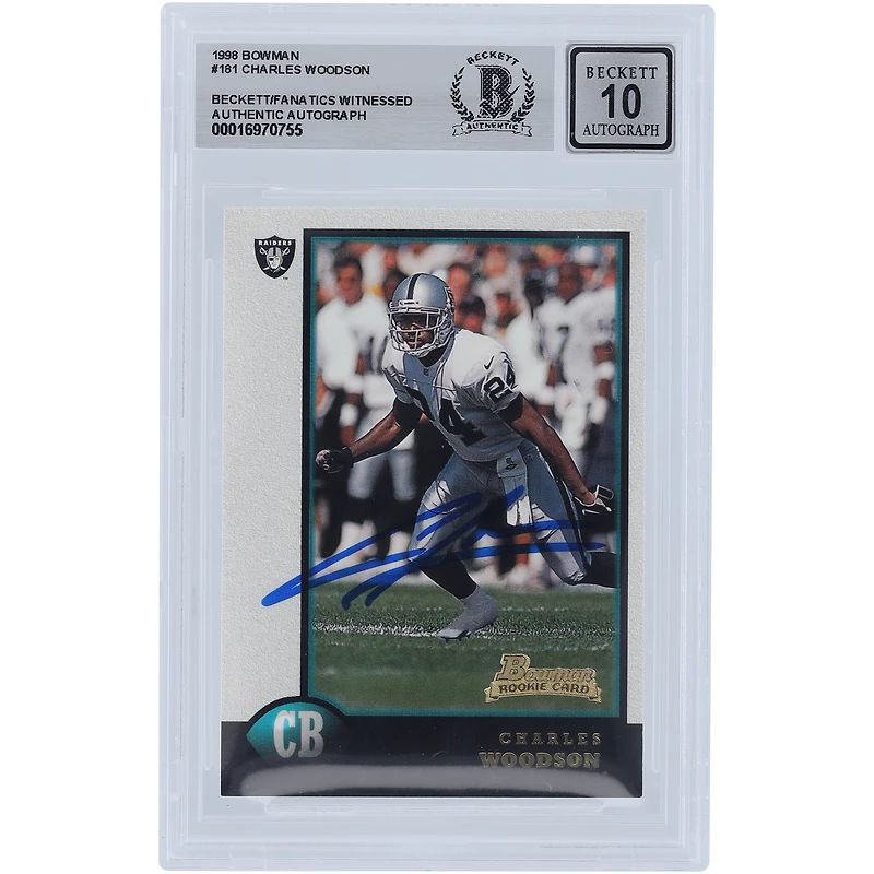 Charles Woodson Oakland Raiders Autographed 1998 Bowman #181 Beckett Fanatics Witnessed Authenticated 10 Rookie Card