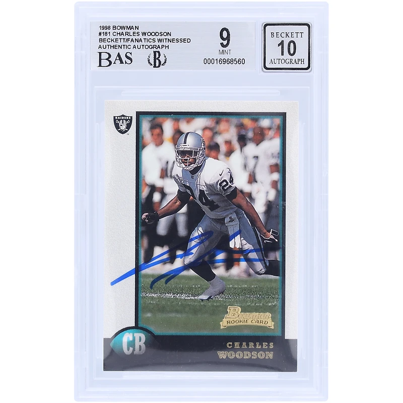 Charles Woodson Oakland Raiders Autographed 1998 Bowman #181 Beckett Fanatics Witnessed Authenticated 9/10 Rookie Card