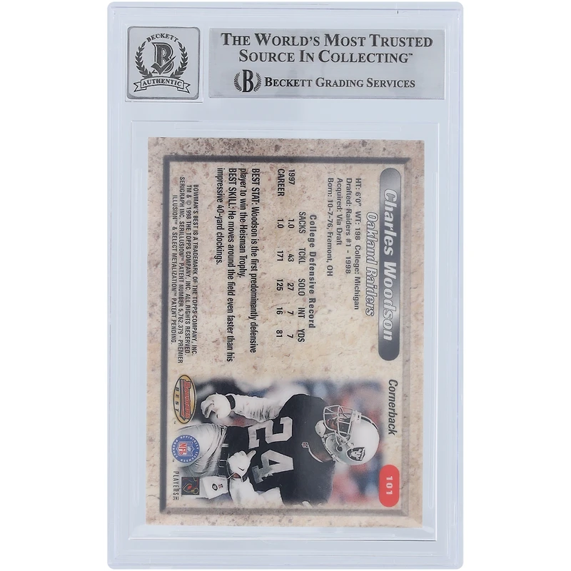 Charles Woodson Oakland Raiders Autographed 1998 Bowman's Best #101 Beckett Fanatics Witnessed Authenticated /10 Rookie Card