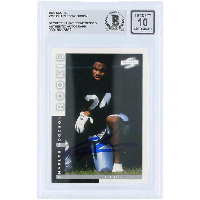 Carte de recrue autographiée de Charles Woodson (Oakland Raiders) de 1998, Pinnacle Score n° 236, authentifiée par Beckett Fanatics Witnessed.