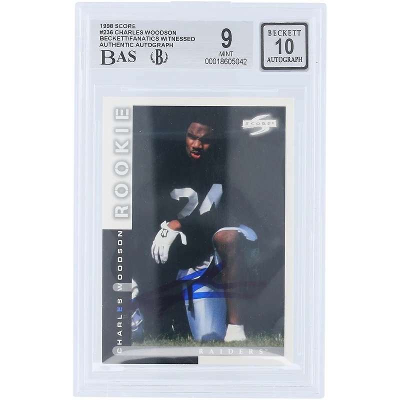 Carte de recrue autographiée de Charles Woodson (Oakland Raiders) de 1998, Pinnacle Score n° 236, authentifiée Beckett Fanatics Witnessed (9/10).