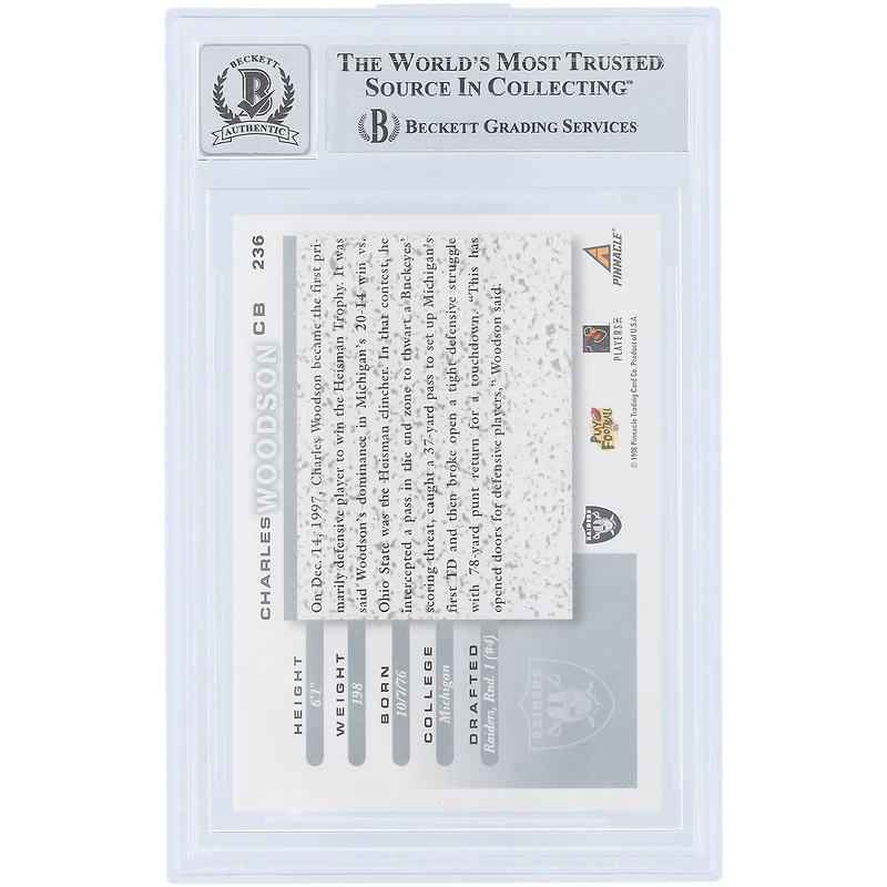 Carte de recrue autographiée de Charles Woodson (Oakland Raiders) de 1998, Pinnacle Score n° 236, authentifiée Beckett Fanatics Witnessed (9/10).