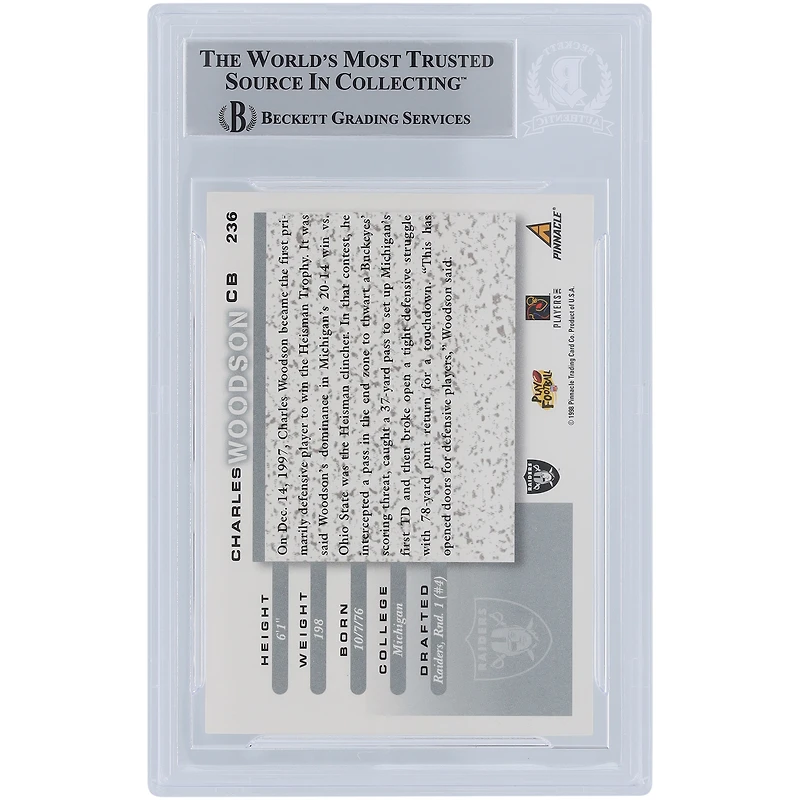 Carte de recrue authentifiée signée par Charles Woodson Oakland Raiders, série 1, encre argentée n° 236, fanatiques de Beckett, 1998