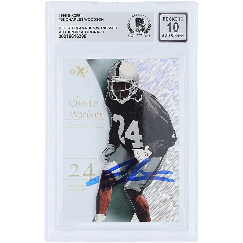 Carte de recrue autographiée de Charles Woodson (Oakland Raiders) de 1998, Skybox E-X 2001, n° 58, certifiée par Beckett Fanatics Witnessed.