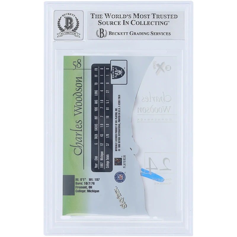 Charles Woodson Oakland Raiders Autographed 1998 Skybox E-X 2001 #58 Beckett Fanatics Witnessed Authenticated / Rookie Card