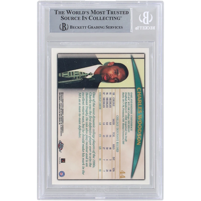 Carte de recrue authentifiée autographiée par Charles Woodson des Oakland Raiders, Topps Chrome #44 de 1998, Beckett Fanatics