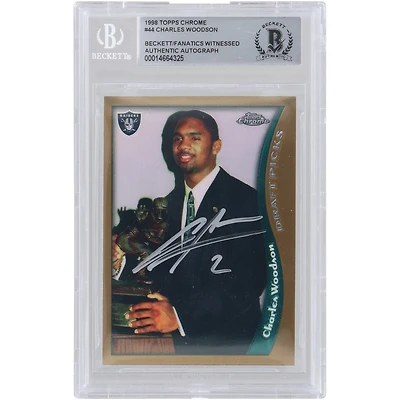Carte de recrue authentifiée autographiée par Charles Woodson des Oakland Raiders, Topps Chrome #44 de 1998, Beckett Fanatics