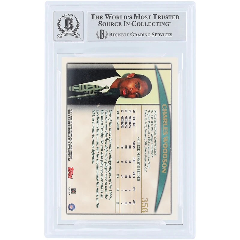 Charles Woodson Oakland Raiders Autographed 1998 Topps #356 Beckett Fanatics Witnessed Authenticated 10 Rookie Card