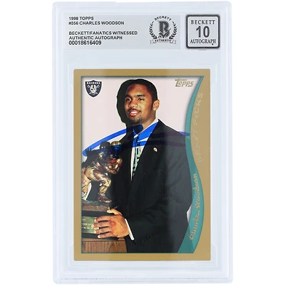 Carte de recrue 1998 Topps n° 356 de Charles Woodson (Oakland Raiders), autographiée et authentifiée par Beckett Fanatics Witnessed (n° 10).