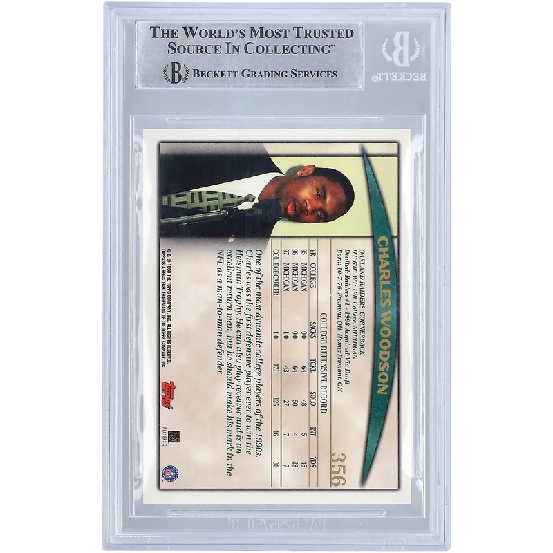 Carte de recrue authentifiée autographiée par Charles Woodson des Oakland Raiders Topps #356 de 1998 Beckett Fanatics