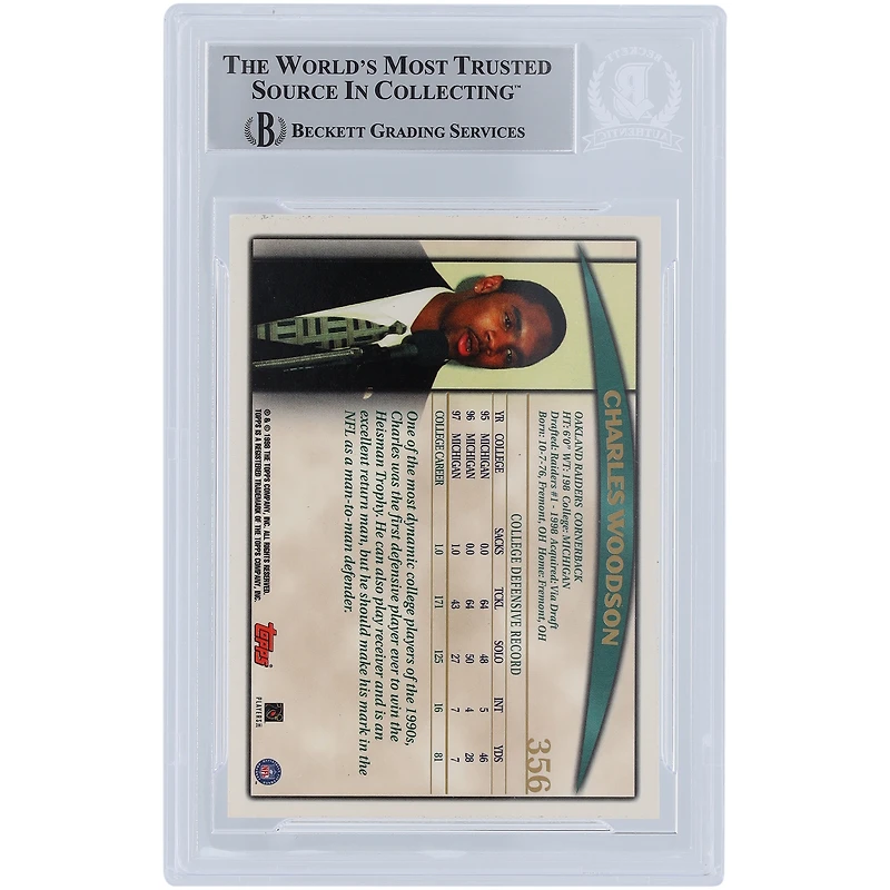 Charles Woodson Oakland Raiders Autographed 1998 Topps Series 1 Silver Ink #356 Beckett Fanatics Witnessed Authenticated Rookie Card with "HOF 21" Inscription