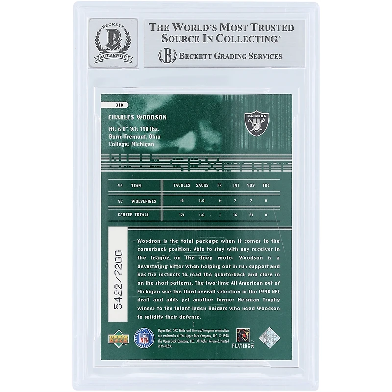 Carte de recrue 10 authentifiée par Charles Woodson (Oakland Raiders), 1998 Upper Deck SPx Finite, n° 310, numérotée sur 7200, et signée par Beckett Fanatics Witnessed.