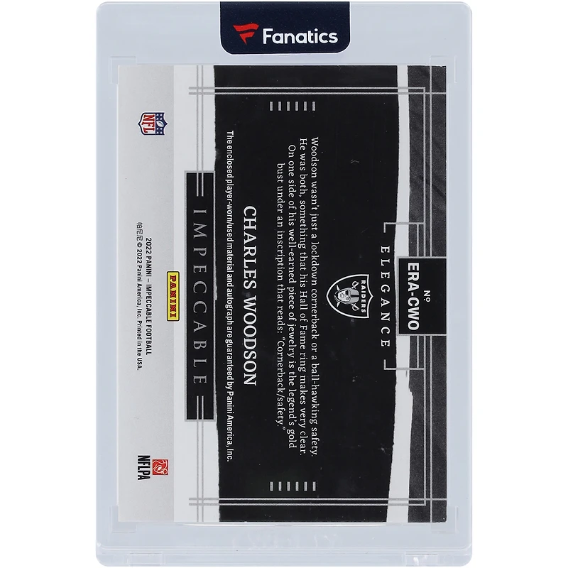 Charles Woodson Oakland Raiders Autographed 2022 Panini Impeccable Emerald Dual-Color Relic #ERA-CWO #2/2 Card