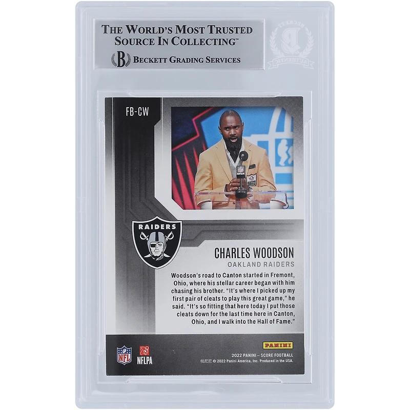 Carte Panini 2022 autographiée par Charles Woodson Oakland Raiders #FB-CW Beckett Fanatics Witnessed Authenticated Card avec l'inscription "HOF 21"