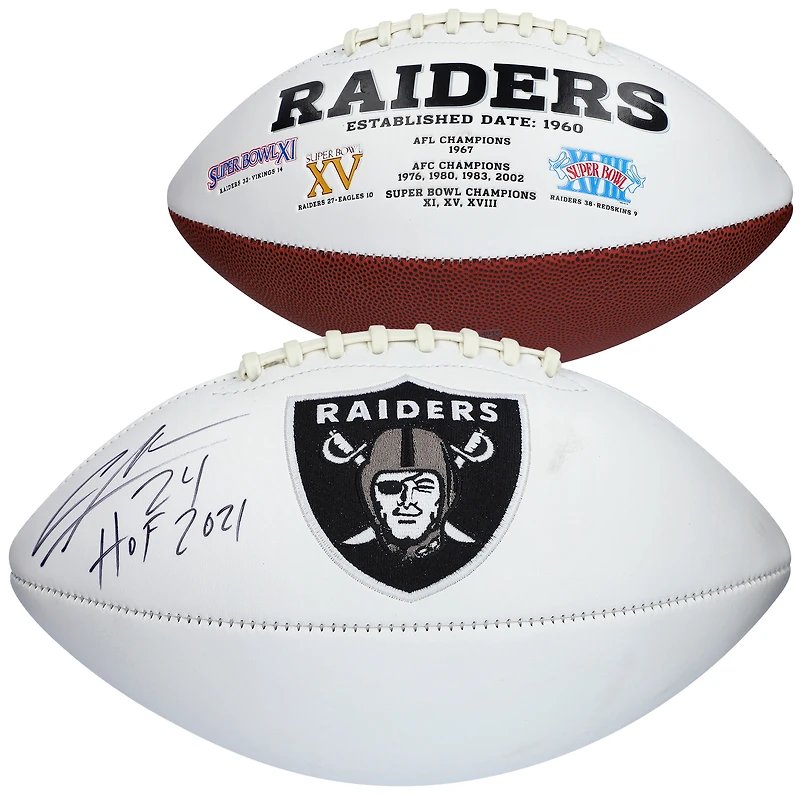 Ballon de football blanc autographié par Charles Woodson des Oakland Raiders avec l'inscription « HOF 21 »