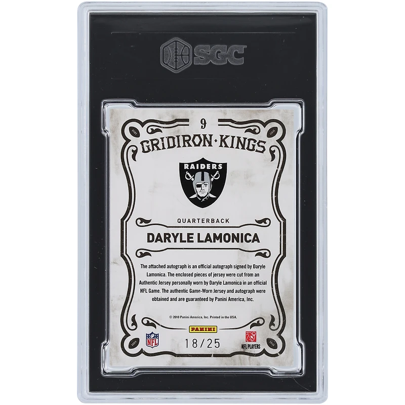 Daryle Lamonica Oakland Raiders Autographed 2010 Panini Threads Gridiron Kings #9 #18/25 SGC Authenticated 9.5/10 Card