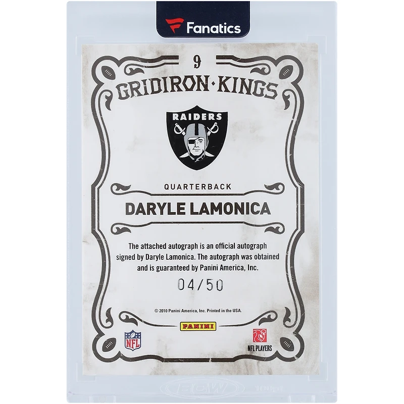 Daryle Lamonica Oakland Raiders Autographed 2010 Panini Threads Gridiron Kings #9 #4/50 Card