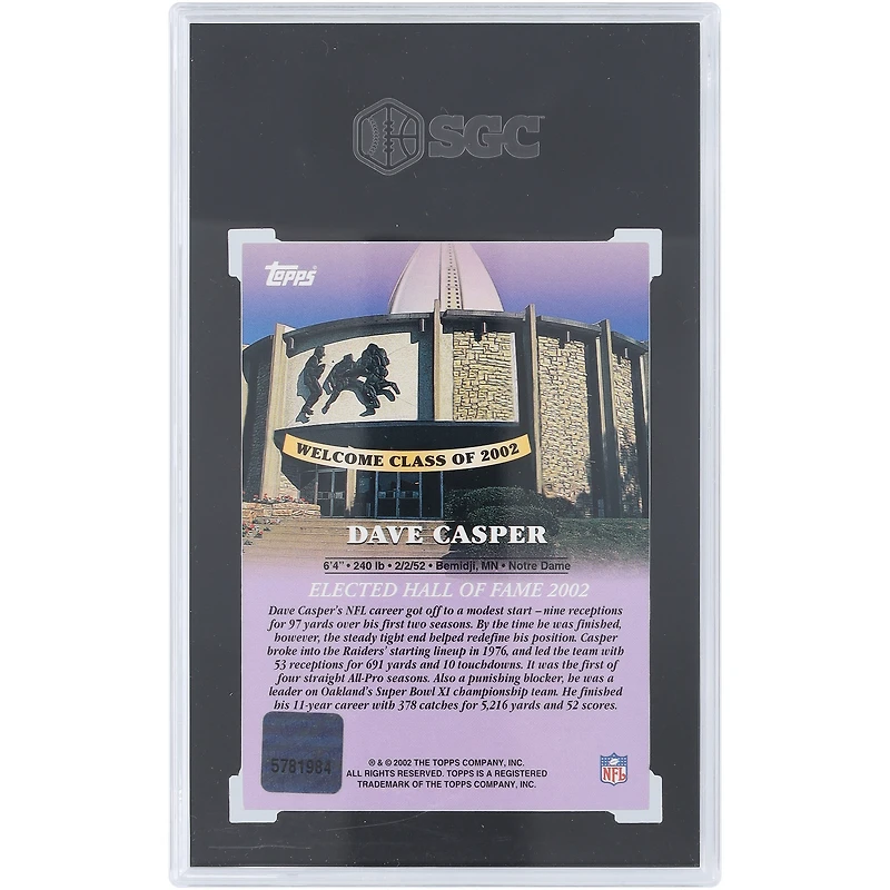 Dave Casper Oakland Raiders Autographed 2002 Topps Hall Of Fame #NNO SGC Authenticated 9.5 Card with "HOF 02" Inscription