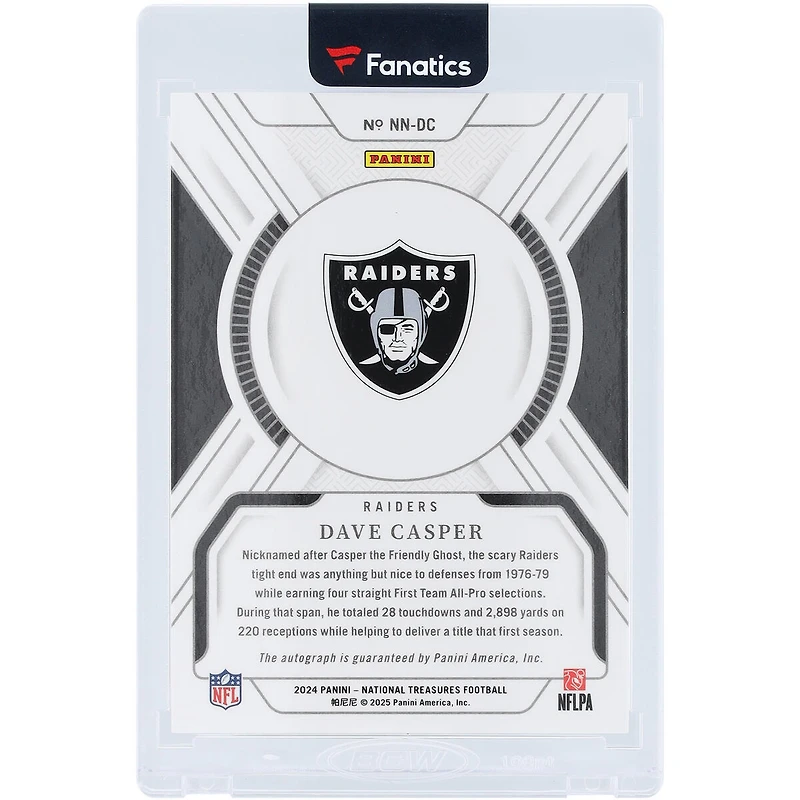 Carte Panini National Treasures 2024 autographiée par Dave Casper des Oakland Raiders, surnoms notables #NN-DC #10/49