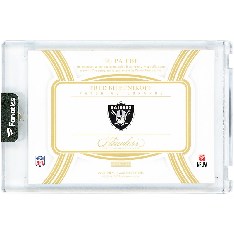 Fred Biletnikoff Oakland Raiders Autographed 2025 Panini Flawless Dual-Color Relic Ruby #PA-FBF #9/15 Card