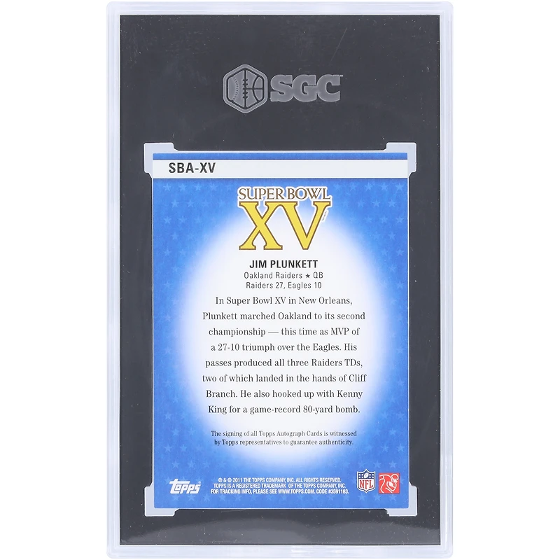 Jim Plunkett Oakland Raiders Autographed 2011 Topps Gold Super Bowl Legends #SBA-XV #2/10 SGC Authenticated 8.5/10 Card