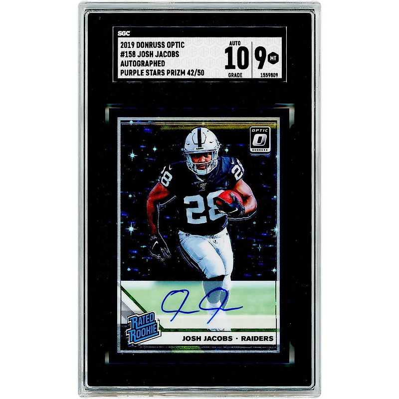 Carte de recrue autographiée de Josh Jacobs (Oakland Raiders) 2019 Panini Donruss Optic Purple Stars Prizm #158 #42/50, authentifiée SGC 9/10
