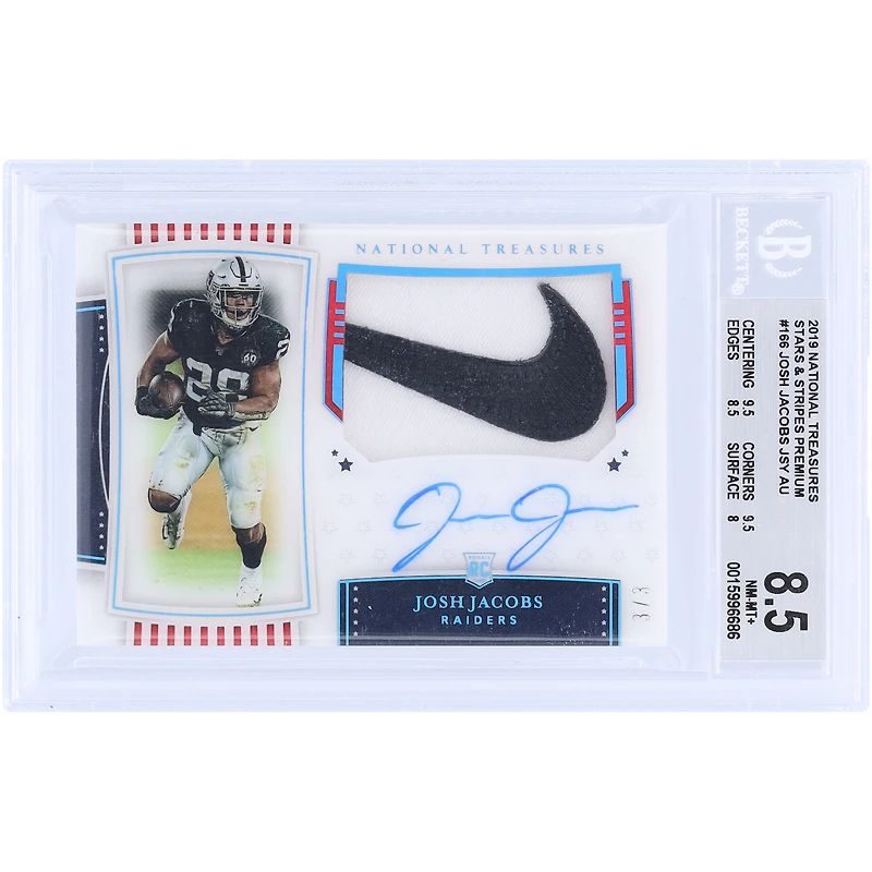 Josh Jacobs Oakland Raiders Autographed 2019 Panini National Treasures Nike Swoosh Stars & Stripes #166 #3/3 BGS Authenticated 8.5 Rookie Card - 9.5,9.5,8.5,8 Subgrades