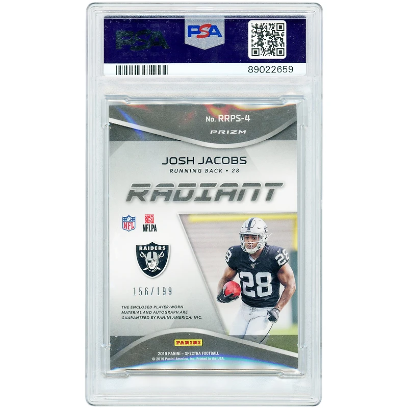 Josh Jacobs Oakland Raiders Autographed 2019 Panini Spectra Radiant Tri-Color Jersey Relic #RRPS-4 #156/199 PSA Authenticated 9 Rookie Card