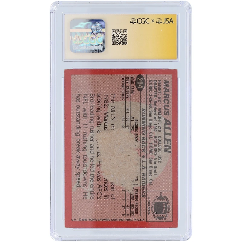 Marcus Allen Oakland Raiders Autographed 1983 Topps #294 CGC Fanatics Witnessed Authenticated Auto 10 Rookie Card 