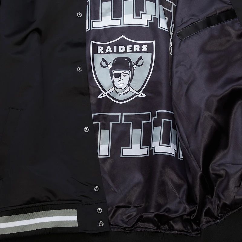 Veste zippée complète en satin noir pour homme Oakland Raiders Double Down Varsity
