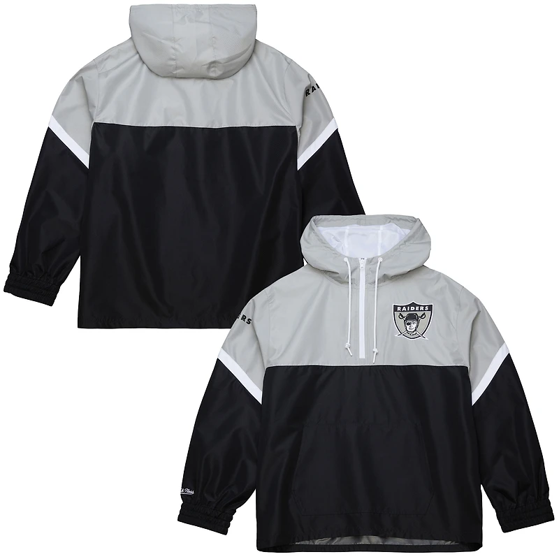 Men's Mitchell & Ness Silver/Black Oakland Raiders Tie Breaker Vintage Logo Lightweight Anorak Half-Zip Windbreaker