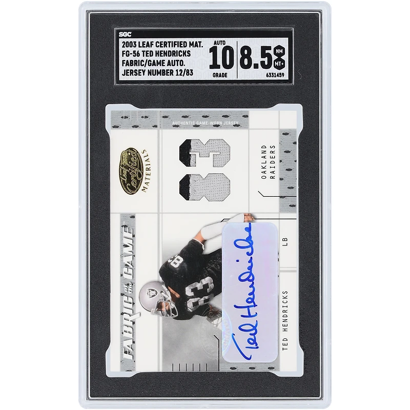 Ted Hendricks Oakland Raiders Autographed 2003 Leaf Certified Materials Fabric Of The Game Dual-Color Relic #FG-56 #12/83 SGC Authenticated 8.5/10 Card