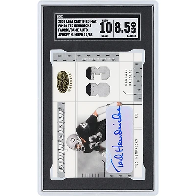 Ted Hendricks Oakland Raiders Autographed 2003 Leaf Certified Materials Fabric Of The Game Dual-Color Relic #FG-56 #12/83 SGC Authenticated 8.5/10 Card