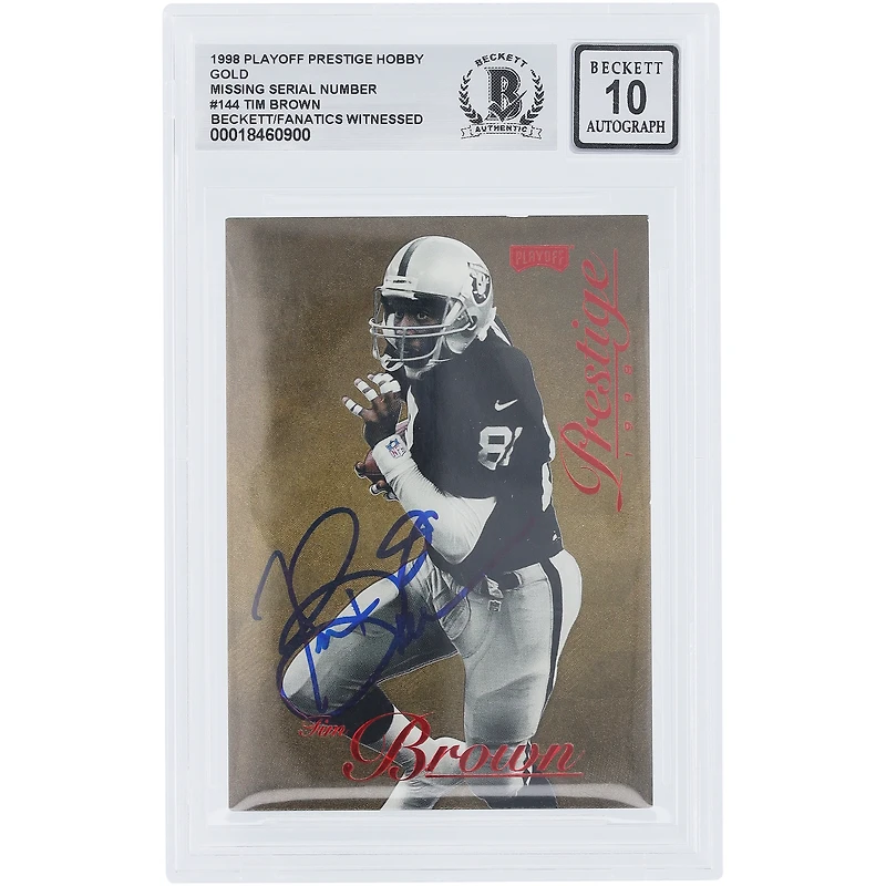 Tim Brown Oakland Raiders Autographed 1998 Playoff Prestige Hobby Missing Serial Number Gold #144 Beckett Fanatics Witnessed Authenticated 10 Card