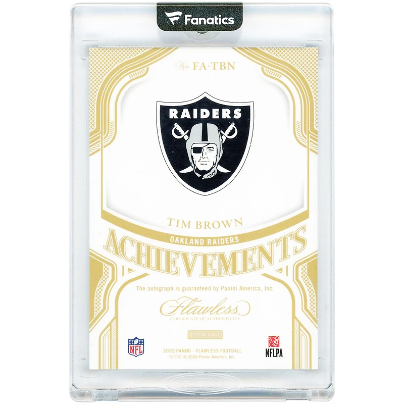 Carte autographiée Tim Brown des Raiders d'Oakland, collection Panini Flawless Sapphire Achievements 2025 #FA-TBN #6/10