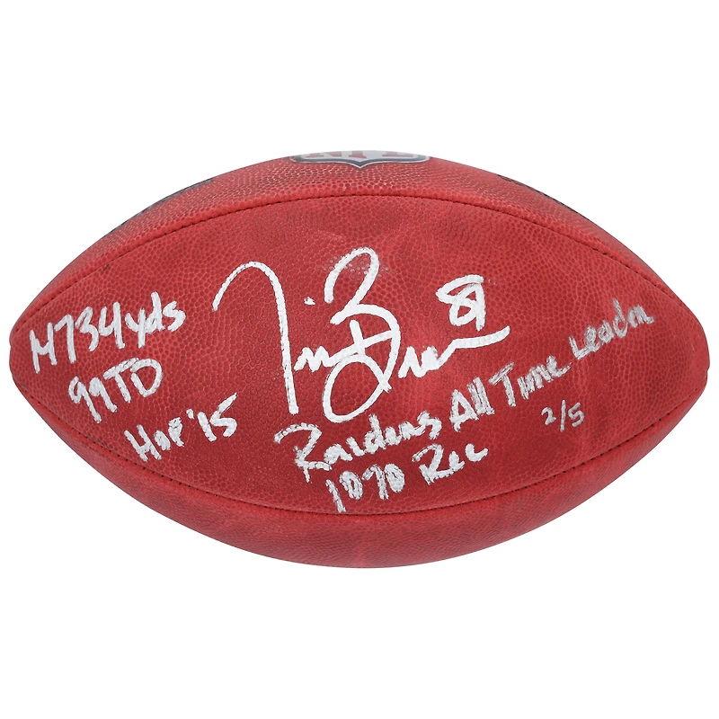 Ballon de football Wilson Duke en couleur autographié par Tim Brown des Oakland Raiders avec plusieurs inscriptions