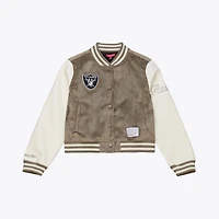 Veste universitaire Mitchell & Ness beige Oakland Raiders pour femme, à boutons-pression.