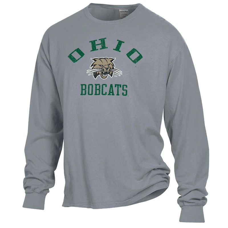 Men's ComfortWash Gray Ohio Bobcats Arch Logo Garment Dyed Long Sleeve T-Shirt