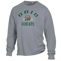 Men's ComfortWash Gray Ohio Bobcats Arch Logo Garment Dyed Long Sleeve T-Shirt