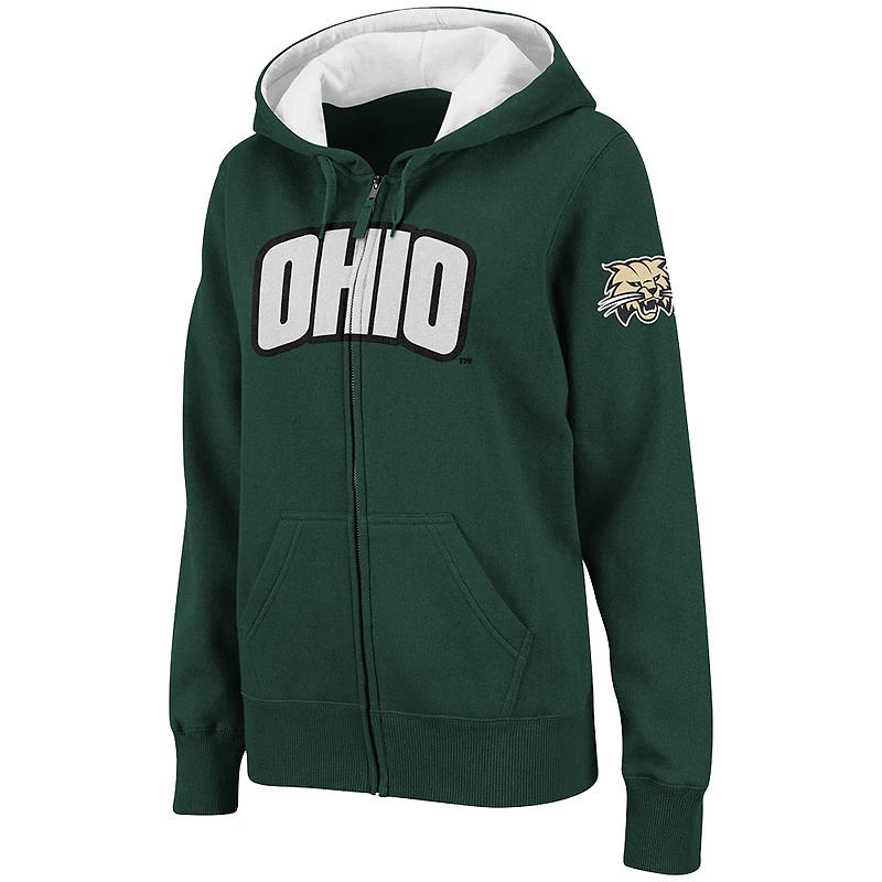 Sweat à capuche zippé vert athlétique pour femme, Ohio Bobcats, avec nom en arc de cercle.