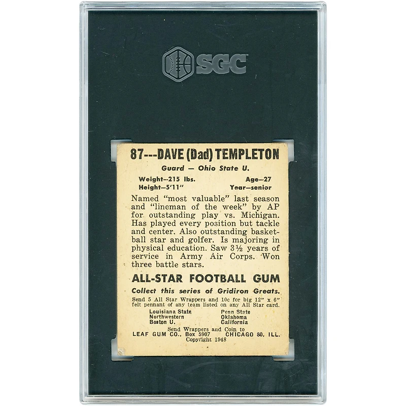 Carte Dave Templeton Ohio State Buckeyes 1948 Leaf Gum Co. n° 87 authentifiée SGC (3 cartes)