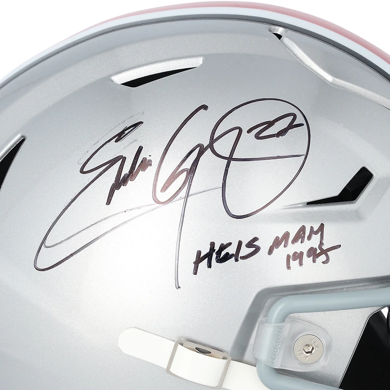 Casque miniature Riddell Speed Flex autographié par Eddie George, joueur des Ohio State Buckeyes, avec inscription « Heisman 1995 ».