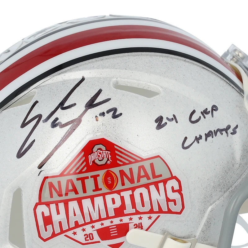 Emeka Egbuka Ohio State Buckeyes Autographed 2024 College Football Playoff National Champions Logo Riddell Speed Mini Helmet with "24 CFP Champs" Inscription 
