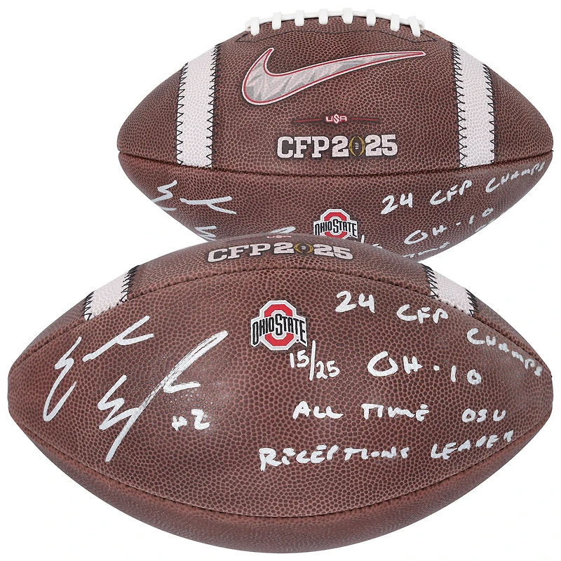 Emeka Egbuka Ohio State Buckeyes Autographed 2024 College Football Playoff National Champions Nike 2025 CFP Football with Multiple Inscriptions - Limited Edition of 25