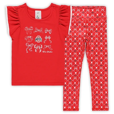 Girls Toddler ZooZatz Scarlet Ohio State Buckeyes Tri-Blend Bow Legging and Shirt Set